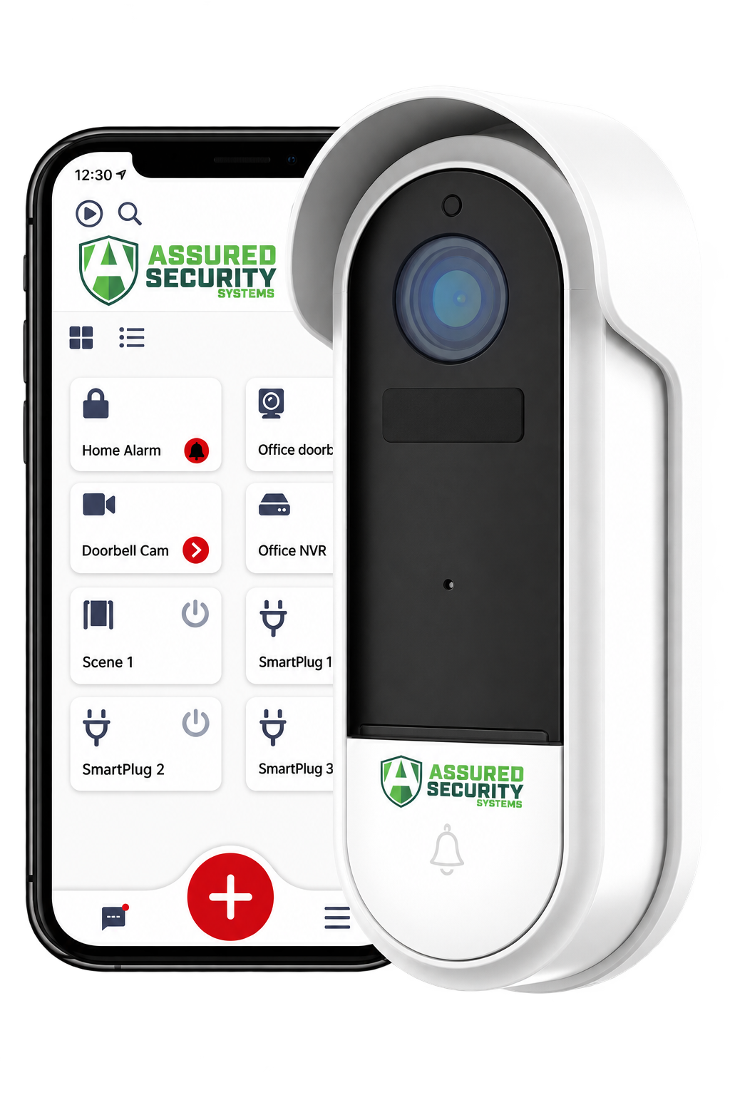 Assured Security Systems doorbell and smartphone app mockup